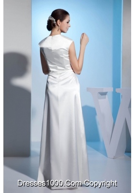 Asymmetrical Neck Ruched White Wedding Dresses Floor-length