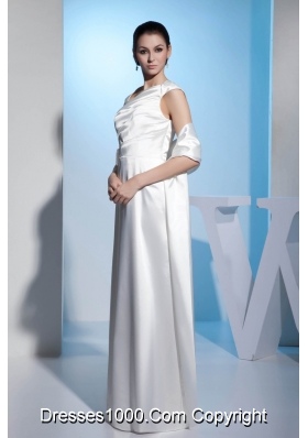 Asymmetrical Neck Ruched White Wedding Dresses Floor-length