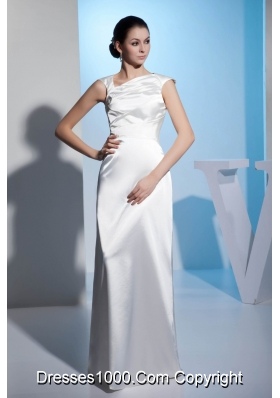 Asymmetrical Neck Ruched White Wedding Dresses Floor-length