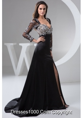 Beaded and High Slitted Black Prom formal Dress with Long Sleeves