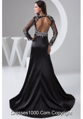 Beaded and High Slitted Black Prom formal Dress with Long Sleeves