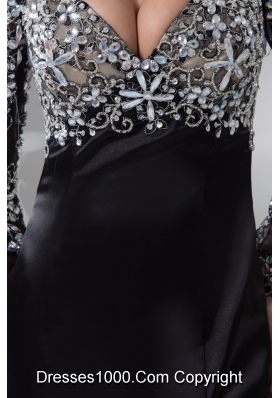 Beaded and High Slitted Black Prom formal Dress with Long Sleeves