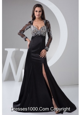 Beaded and High Slitted Black Prom formal Dress with Long Sleeves