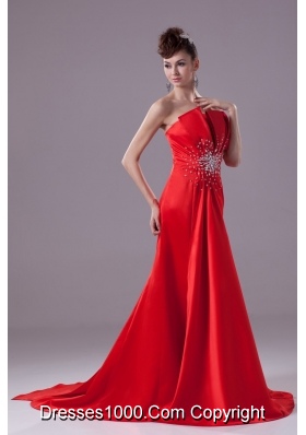 Beaded Sweep Train Prom Dresses with Ruffled Strapless Neckline