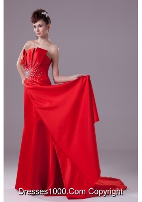 Beaded Sweep Train Prom Dresses with Ruffled Strapless Neckline