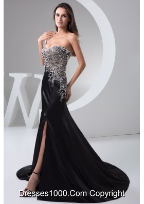 Beading and High Slit Decorate Black Brush Prom Holiday Dress