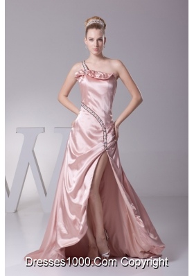Beading and High Slit Decorated One Shoulder Brush Train Prom Dresses