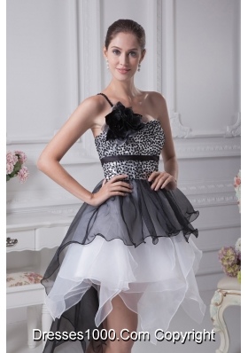 Black and White Single Flower Strap Prom Dress with Ruffles and Sequins