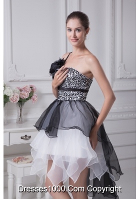 Black and White Single Flower Strap Prom Dress with Ruffles and Sequins