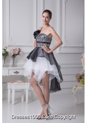 Black and White Single Flower Strap Prom Dress with Ruffles and Sequins