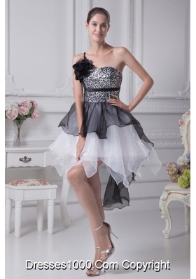 Black and White Single Flower Strap Prom Dress with Ruffles and Sequins