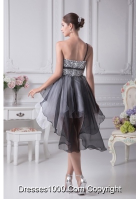 Black and White Single Flower Strap Prom Dress with Ruffles and Sequins