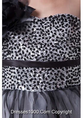 Black and White Single Flower Strap Prom Dress with Ruffles and Sequins