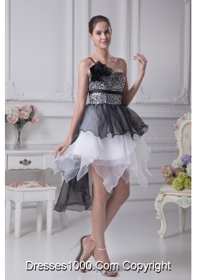 Black and White Single Flower Strap Prom Dress with Ruffles and Sequins