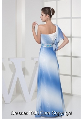 Blue and White One Shoulder Prom Dresses with Beaded Belt