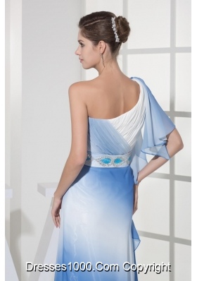 Blue and White One Shoulder Prom Dresses with Beaded Belt