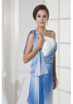 Blue and White One Shoulder Prom Dresses with Beaded Belt