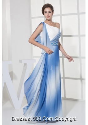 Blue and White One Shoulder Prom Dresses with Beaded Belt