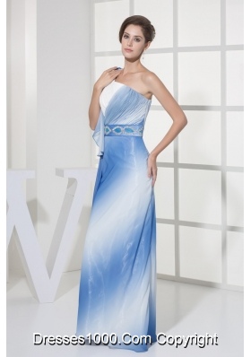 Blue and White One Shoulder Prom Dresses with Beaded Belt