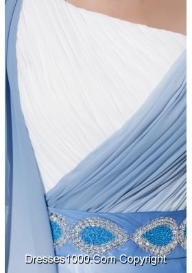 Blue and White One Shoulder Prom Dresses with Beaded Belt