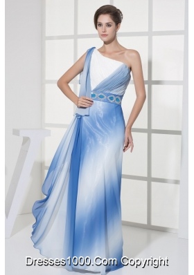Blue and White One Shoulder Prom Dresses with Beaded Belt