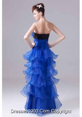 Blue Handle Flowers and Ruffled Layers Prom Dress with Black Breast