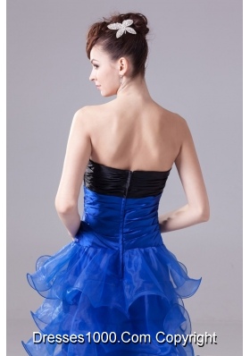 Blue Handle Flowers and Ruffled Layers Prom Dress with Black Breast