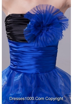 Blue Handle Flowers and Ruffled Layers Prom Dress with Black Breast