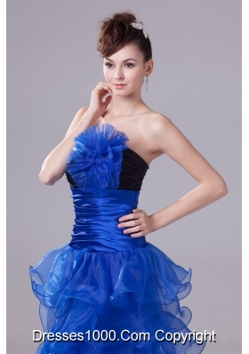 Blue Handle Flowers and Ruffled Layers Prom Dress with Black Breast