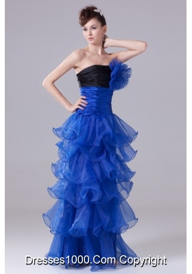 Blue Handle Flowers and Ruffled Layers Prom Dress with Black Breast