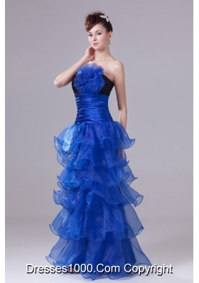 Blue Handle Flowers and Ruffled Layers Prom Dress with Black Breast