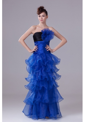 Blue Handle Flowers and Ruffled Layers Prom Dress with Black Breast