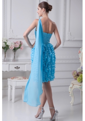 Blue Ruffled Layers One Shoulder Watteau Train Prom Dresses