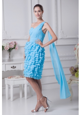 Blue Ruffled Layers One Shoulder Watteau Train Prom Dresses