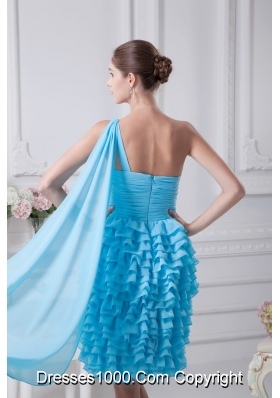 Blue Ruffled Layers One Shoulder Watteau Train Prom Dresses