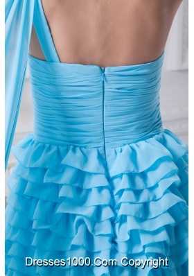 Blue Ruffled Layers One Shoulder Watteau Train Prom Dresses