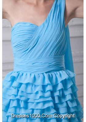 Blue Ruffled Layers One Shoulder Watteau Train Prom Dresses