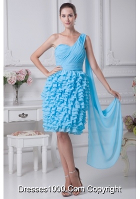 Blue Ruffled Layers One Shoulder Watteau Train Prom Dresses