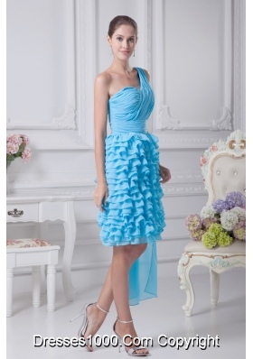 Blue Ruffled Layers One Shoulder Watteau Train Prom Dresses