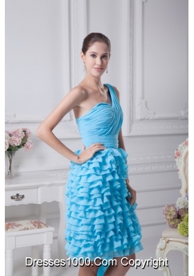 Blue Ruffled Layers One Shoulder Watteau Train Prom Dresses