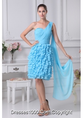 Blue Ruffled Layers One Shoulder Watteau Train Prom Dresses