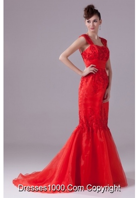 Brush Train Square Trumpet Prom Dresses with Beaded Appliques