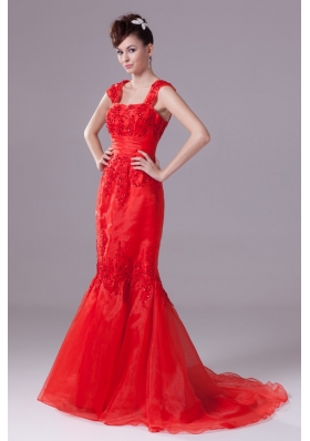 Brush Train Square Trumpet Prom Dresses with Beaded Appliques