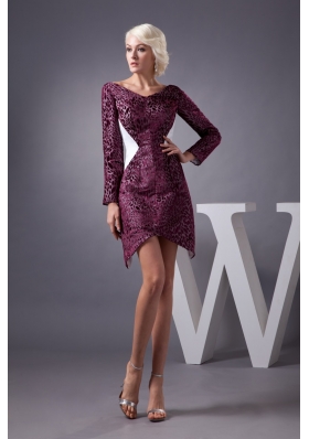 Burgundy Mini-length Prom Dresses with V-neck and Long Sleeves