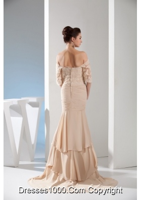 Champagne Off-the-shoulder Half-length Lace Sleeve Bridal Dresses