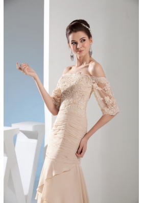 Champagne Off-the-shoulder Half-length Lace Sleeve Bridal Dresses