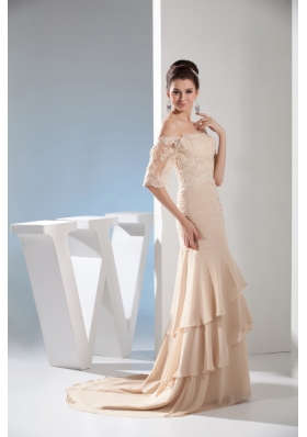 Champagne Off-the-shoulder Half-length Lace Sleeve Bridal Dresses