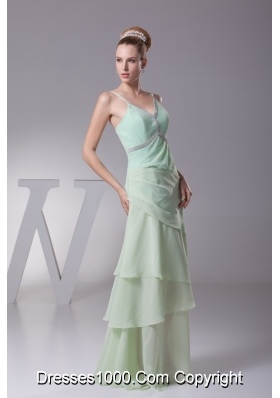 Column Apple Green Beading Ruffled Layers V-neck Chiffon Prom Dress