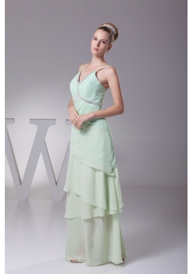 Column Apple Green Beading Ruffled Layers V-neck Chiffon Prom Dress