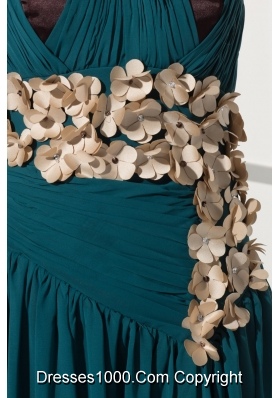 Column V-neck Chiffon Prom Gown with Hand Made Flowers